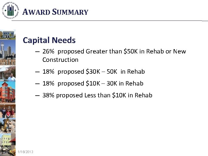 AWARD SUMMARY Capital Needs ― 26% proposed Greater than $50 K in Rehab or