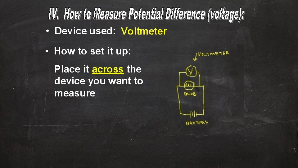  • Device used: Voltmeter • How to set it up: Place it across