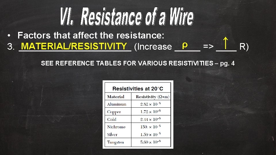  • Factors that affect the resistance: ↑ R) ρ MATERIAL/RESISTIVITY (Increase _____ 3.