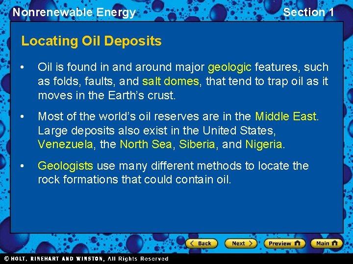 Nonrenewable Energy Section 1 Locating Oil Deposits • Oil is found in and around