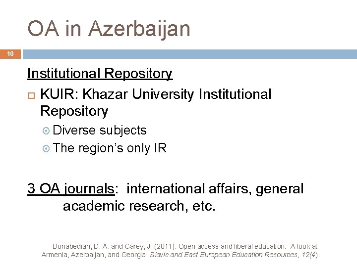 OA in Azerbaijan 10 Institutional Repository KUIR: Khazar University Institutional Repository Diverse subjects The