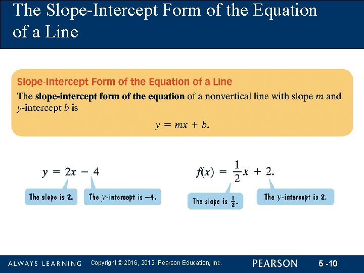 The Slope-Intercept Form of the Equation of a Line Copyright © 2016, 2012 Pearson