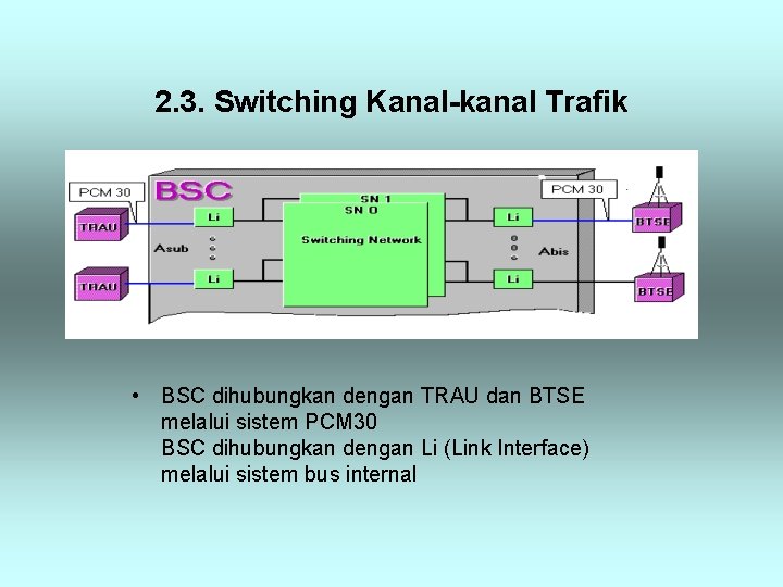 2. 3. Switching Kanal-kanal Trafik • BSC dihubungkan dengan TRAU dan BTSE melalui sistem