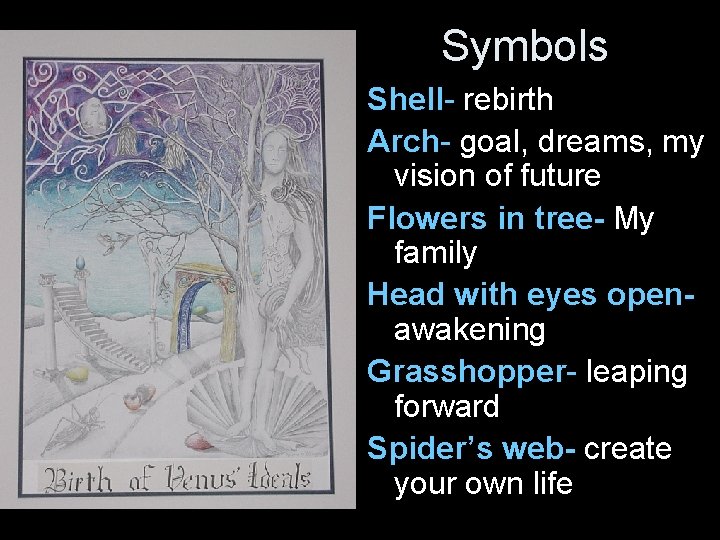 Symbols Shell- rebirth Arch- goal, dreams, my vision of future Flowers in tree- My