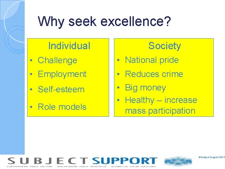 Why seek excellence? Individual Society • Challenge • National pride • Employment • Reduces