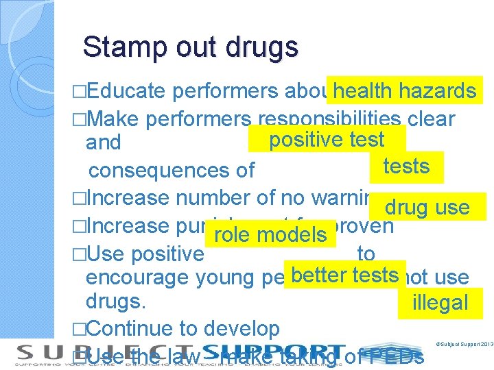 Stamp out drugs performers abouthealth hazards �Make performers responsibilities clear positive test and tests