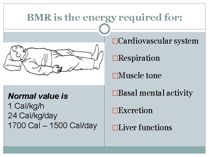 BMR is the energy required for: �Cardiovascular system �Respiration �Muscle tone Normal value is