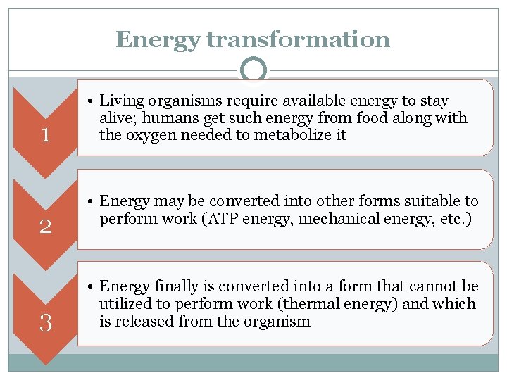 Energy transformation 1 2 3 • Living organisms require available energy to stay alive;