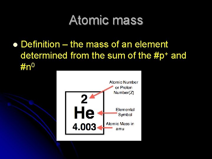 Atomic mass l Definition – the mass of an element determined from the sum