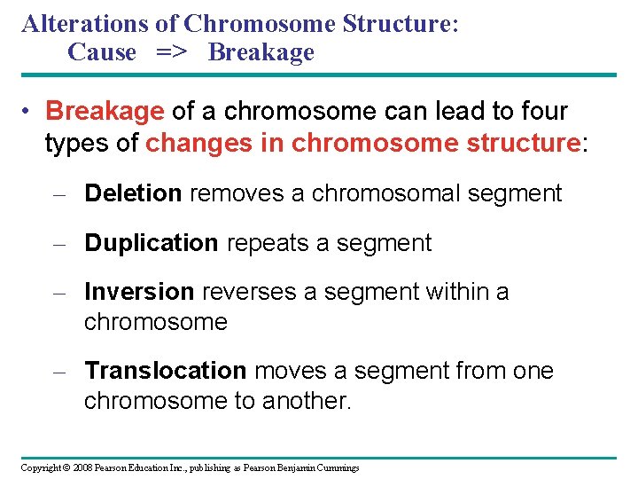 Alterations of Chromosome Structure: Cause => Breakage • Breakage of a chromosome can lead