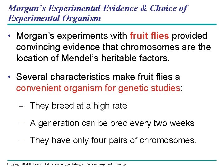 Morgan’s Experimental Evidence & Choice of Experimental Organism • Morgan’s experiments with fruit flies