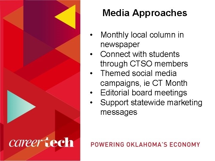 Media Approaches • Monthly local column in newspaper • Connect with students through CTSO