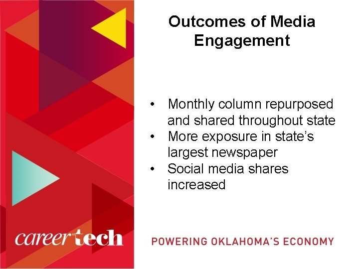 Outcomes of Media Engagement • Monthly column repurposed and shared throughout state • More