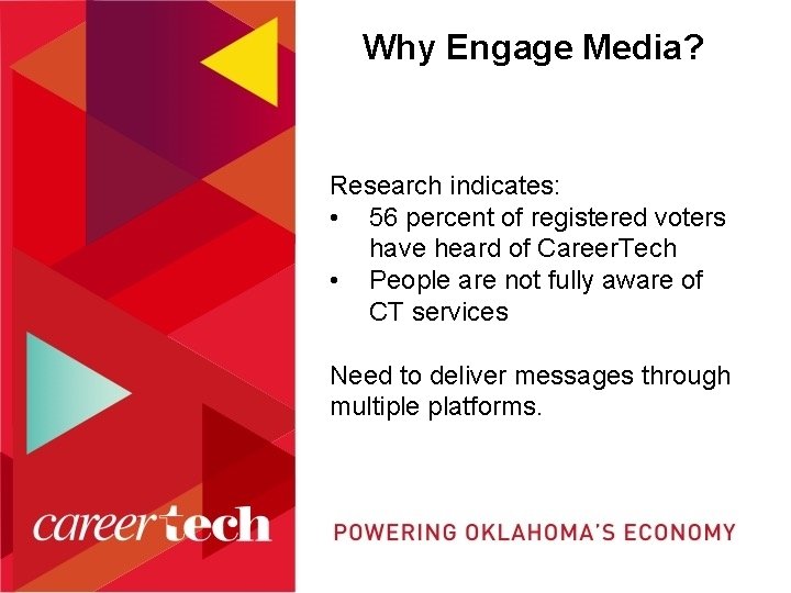 Why Engage Media? Research indicates: • 56 percent of registered voters have heard of
