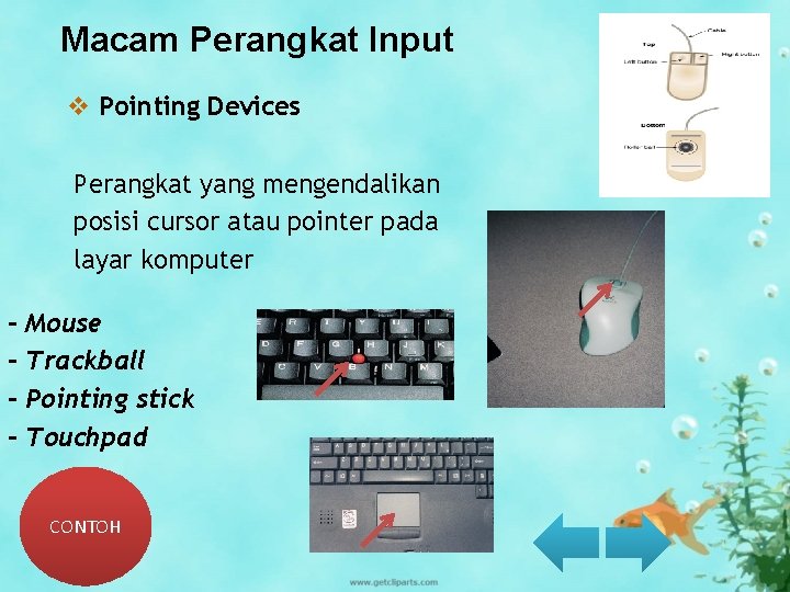 Macam Perangkat Input v Pointing Devices Perangkat yang mengendalikan posisi cursor atau pointer pada