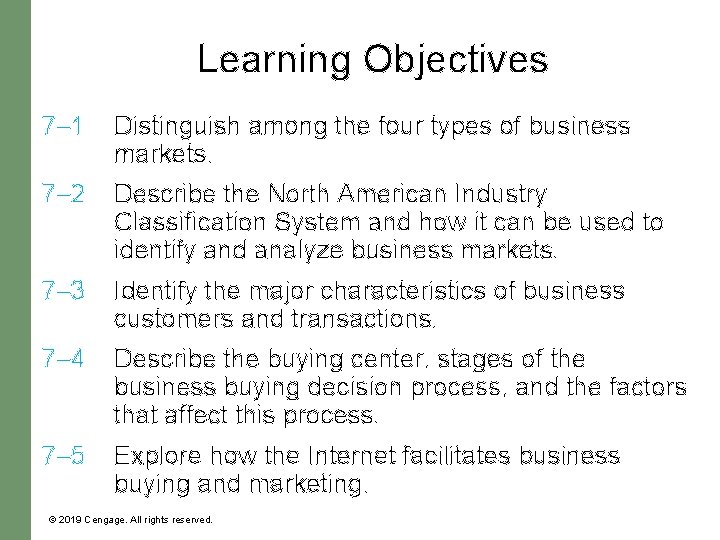 Learning Objectives 7– 1 Distinguish among the four types of business markets. 7– 2