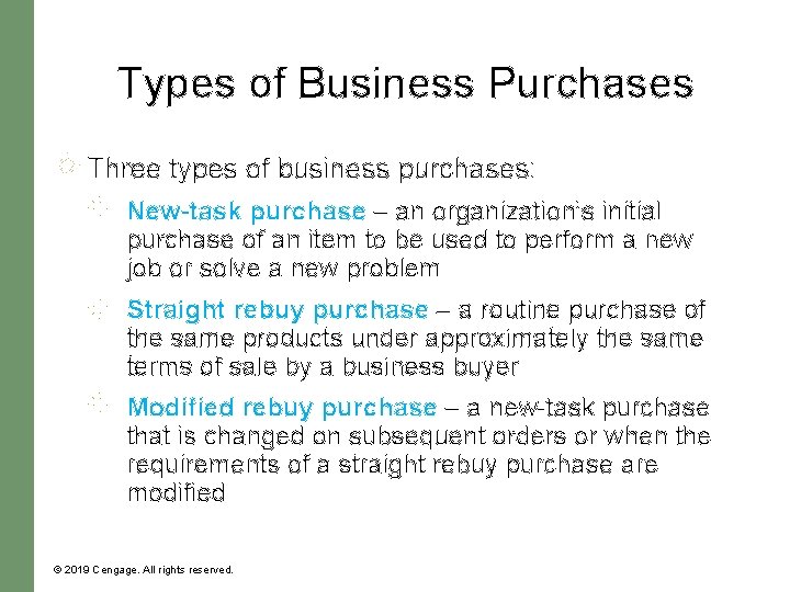 Types of Business Purchases Three types of business purchases: New-task purchase – an organization’s