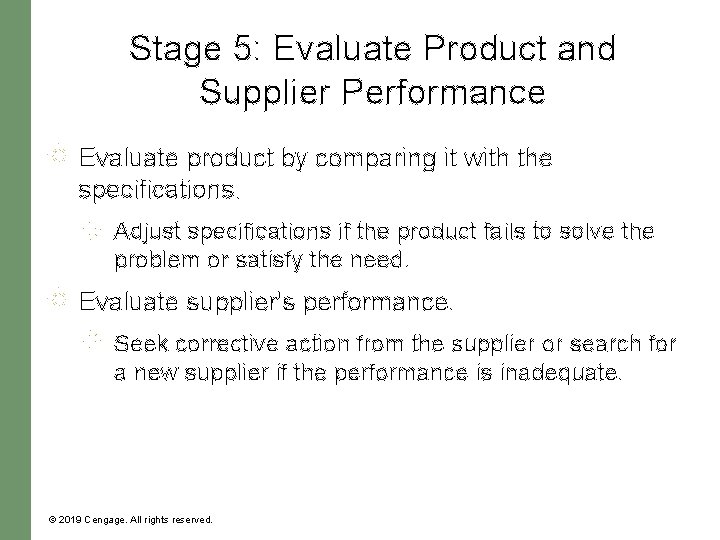 Stage 5: Evaluate Product and Supplier Performance Evaluate product by comparing it with the