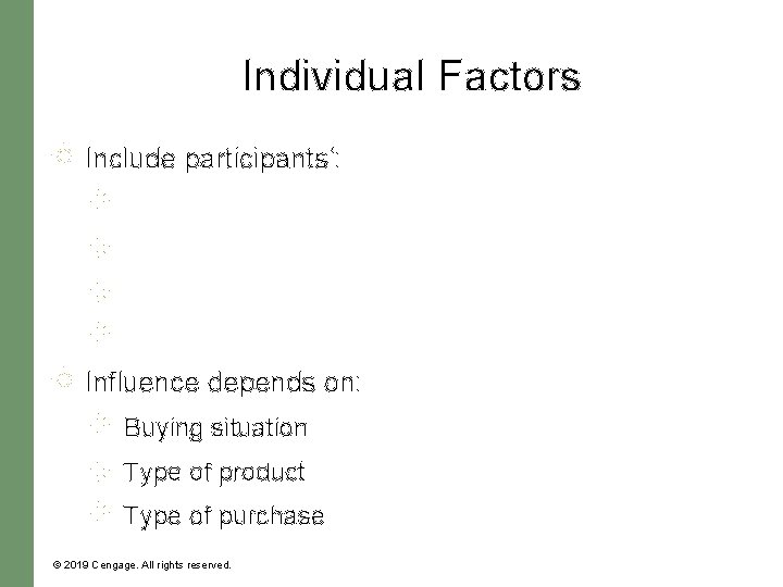 Individual Factors Include participants’: Influence depends on: Buying situation Type of product Type of