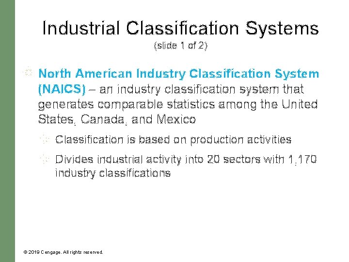 Industrial Classification Systems (slide 1 of 2) North American Industry Classification System (NAICS) –