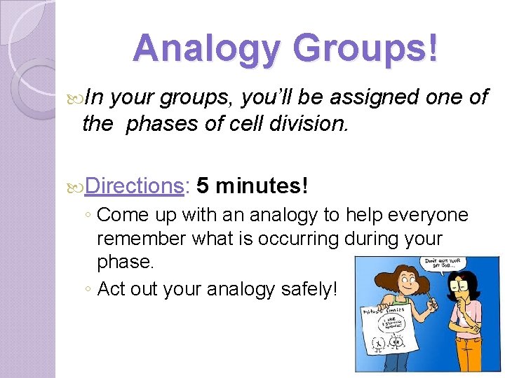 Analogy Groups! In your groups, you’ll be assigned one of the phases of cell