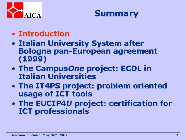 Summary • Introduction • Italian University System after Bologna pan-European agreement (1999) • The