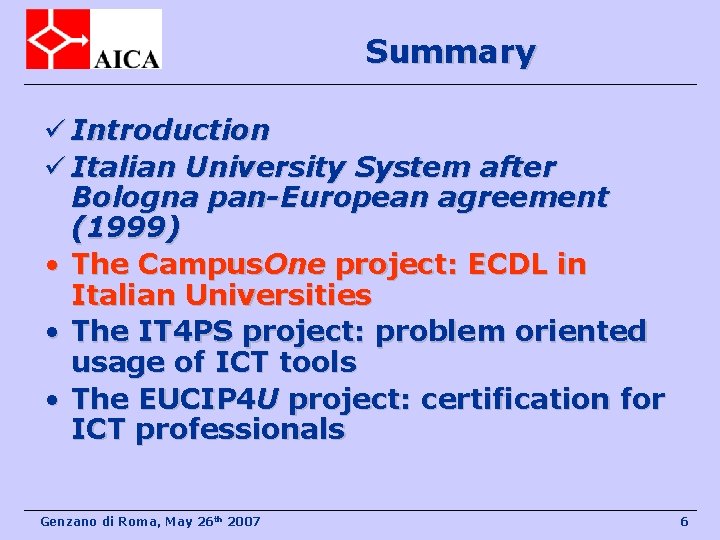 Summary ü Introduction ü Italian University System after Bologna pan-European agreement (1999) • The