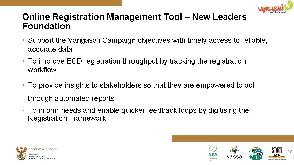 Online Registration Management Tool – New Leaders Foundation • Support the Vangasali Campaign objectives