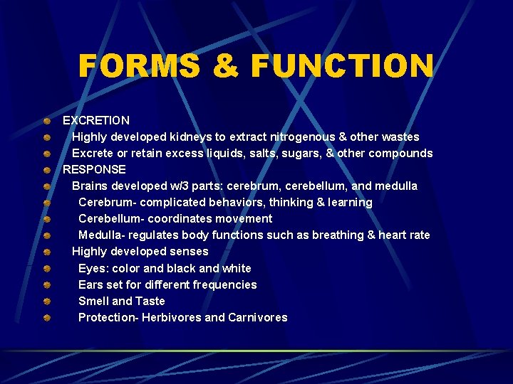 FORMS & FUNCTION EXCRETION Highly developed kidneys to extract nitrogenous & other wastes Excrete