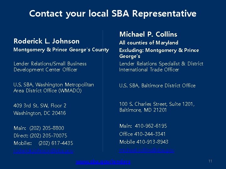 Contact your local SBA Representative Roderick L. Johnson Montgomery & Prince George's County Lender