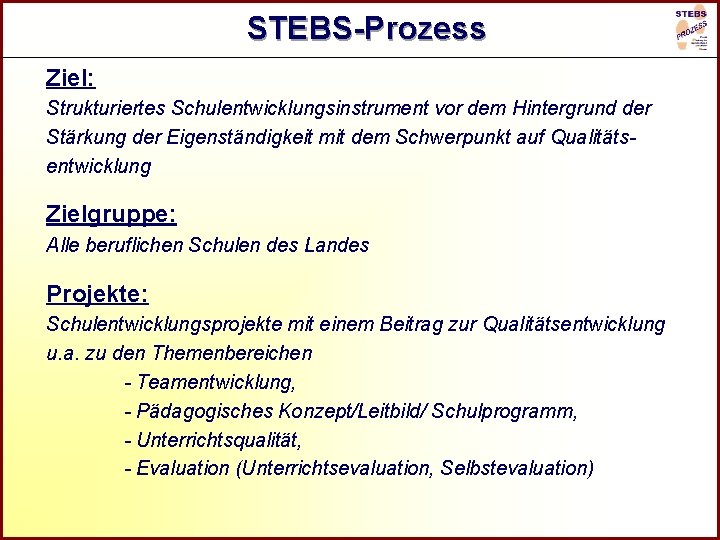 R STEBS-Prozess Ziel: Strukturiertes Schulentwicklungsinstrument vor dem Hintergrund der Stärkung der Eigenständigkeit mit dem