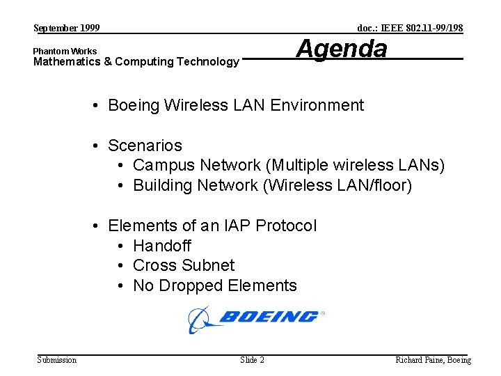 September 1999 doc. : IEEE 802. 11 -99/198 Agenda Phantom Works Mathematics & Computing