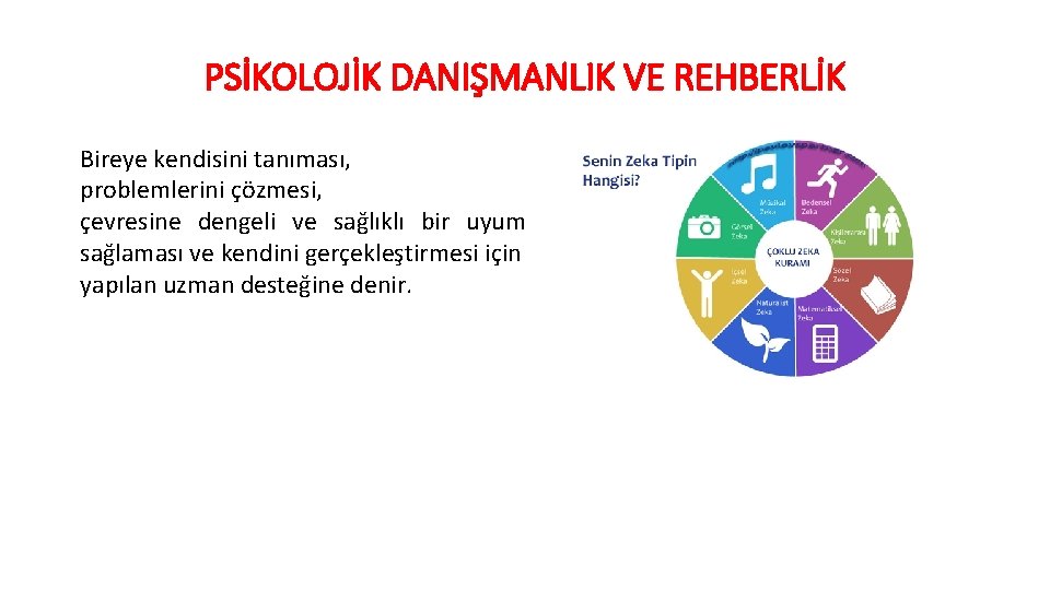 PSİKOLOJİK DANIŞMANLIK VE REHBERLİK Bireye kendisini tanıması, problemlerini çözmesi, çevresine dengeli ve sağlıklı bir