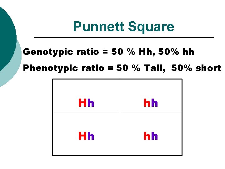 Punnett Square Genotypic ratio = 50 % Hh, 50% hh Phenotypic ratio = 50