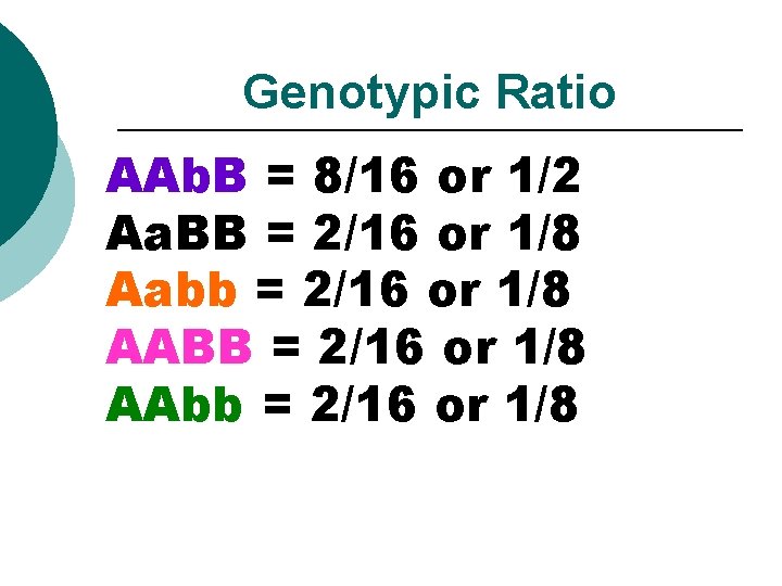 Genotypic Ratio AAb. B = 8/16 or 1/2 Aa. BB = 2/16 or 1/8