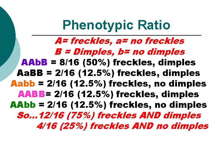 Phenotypic Ratio A= freckles, a= no freckles B = Dimples, b= no dimples AAb.