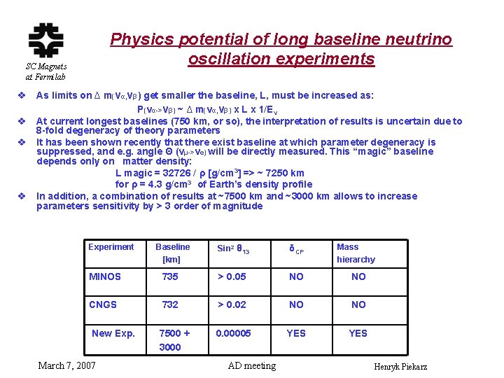 Physics potential of long baseline neutrino oscillation experiments SC Magnets at Fermilab v As