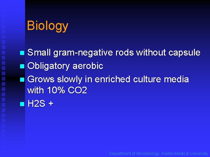 Biology Small gram-negative rods without capsule n Obligatory aerobic n Grows slowly in enriched