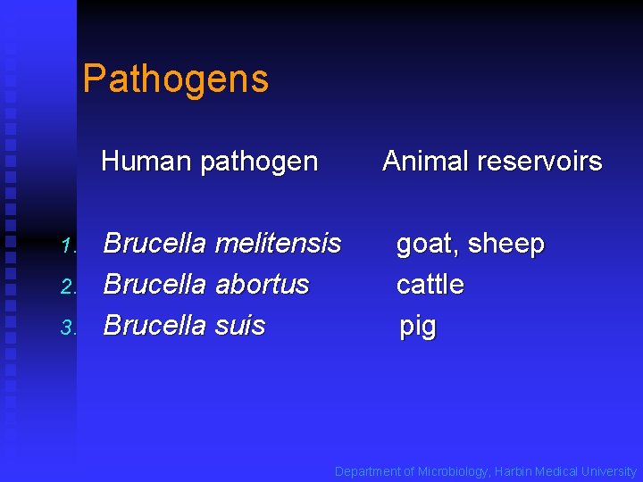 Pathogens Human pathogen 1. 2. 3. Animal reservoirs Brucella melitensis Brucella abortus Brucella suis