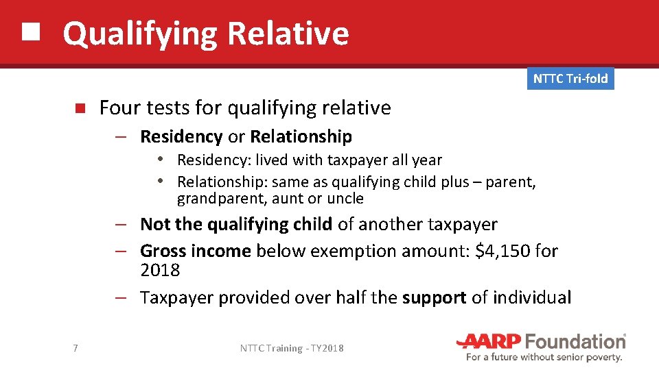 Qualifying Relative NTTC Tri-fold Four tests for qualifying relative ─ Residency or Relationship •