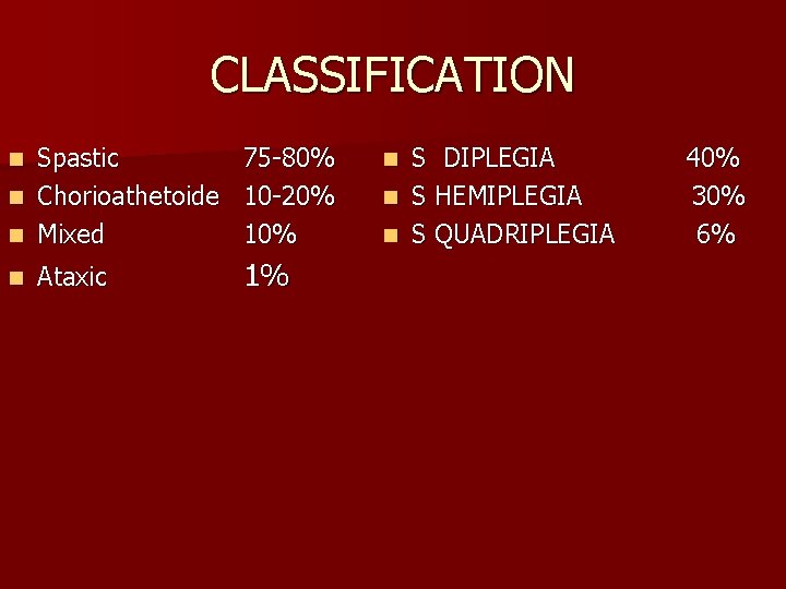 CLASSIFICATION Spastic 75 -80% n Chorioathetoide 10 -20% n Mixed 10% n n Ataxic