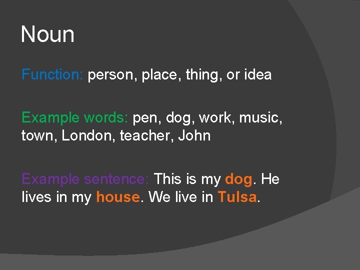 Noun Function: person, place, thing, or idea Example words: pen, dog, work, music, town, Noun Function: person, place, thing, or idea Example words: pen, dog, work, music, town,