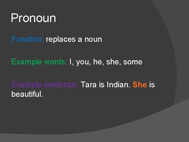 Pronoun Function: replaces a noun Example words: I, you, he, some Example sentence: Tara Pronoun Function: replaces a noun Example words: I, you, he, some Example sentence: Tara