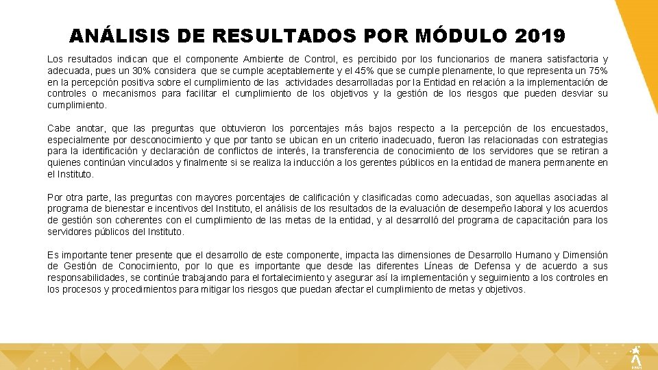 ANÁLISIS DE RESULTADOS POR MÓDULO 2019 Los resultados indican que el componente Ambiente de