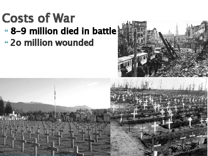 Costs of War 8 -9 million died in battle 2 o million wounded 