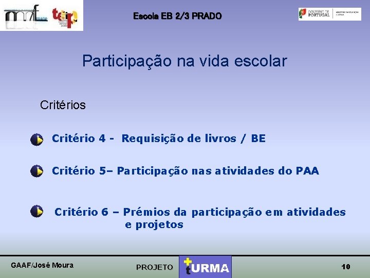 Escola EB 2/3 PRADO Participação na vida escolar Critérios Critério 4 - Requisição de