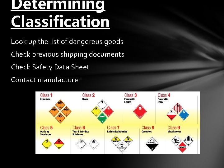 Determining Classification Look up the list of dangerous goods Check previous shipping documents Check