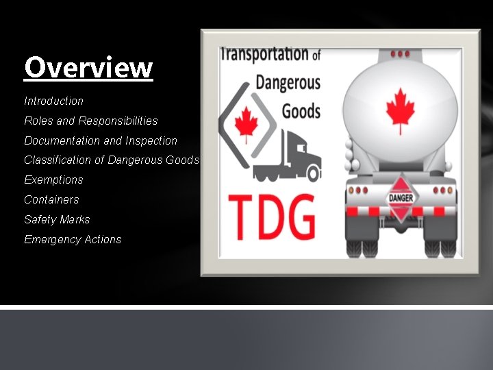 Overview Introduction Roles and Responsibilities Documentation and Inspection Classification of Dangerous Goods Exemptions Containers