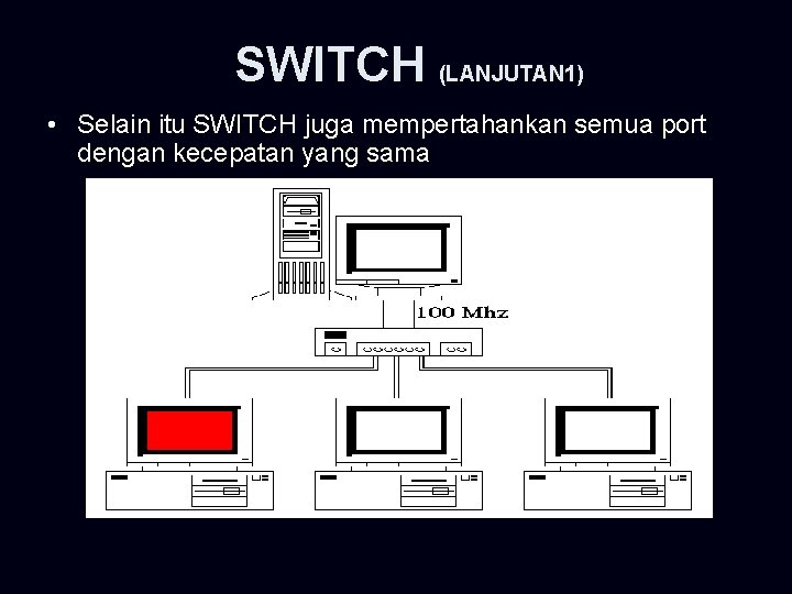 SWITCH (LANJUTAN 1) • Selain itu SWITCH juga mempertahankan semua port dengan kecepatan yang