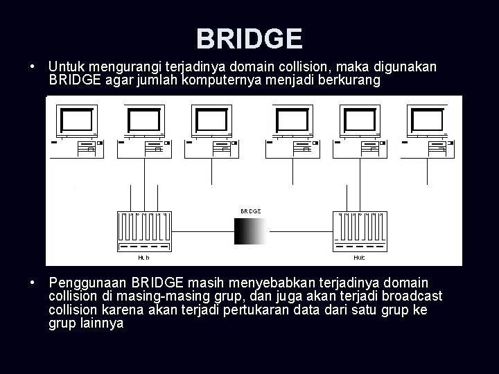 BRIDGE • Untuk mengurangi terjadinya domain collision, maka digunakan BRIDGE agar jumlah komputernya menjadi